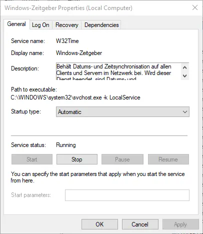 Cửa sổ thuộc tính dịch vụ thời gian của Windows